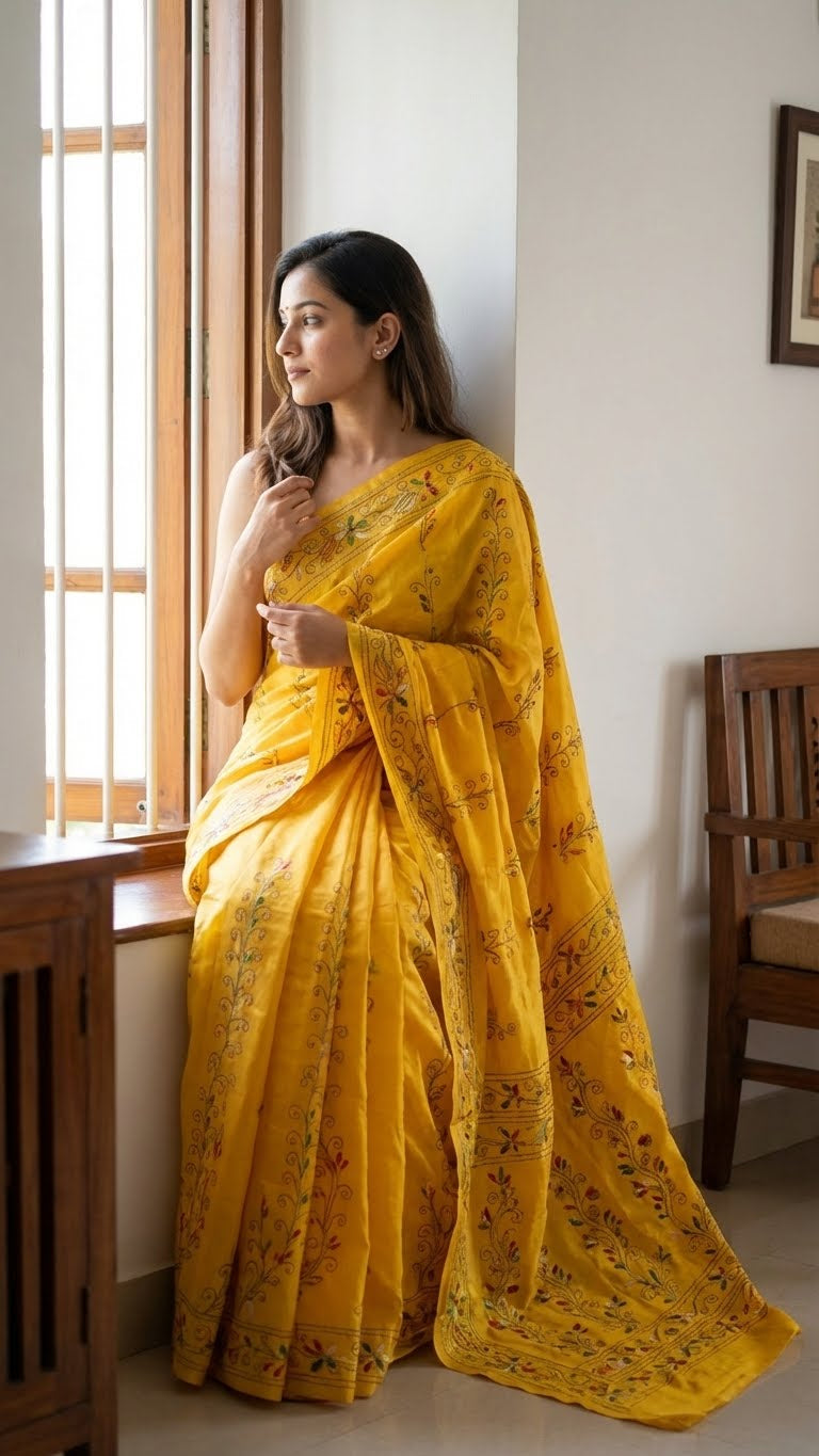 Woman in a handcrafted kantha stitched cotton saree in yellow with multicolor floral and vine embroidery standing by a window indoors.