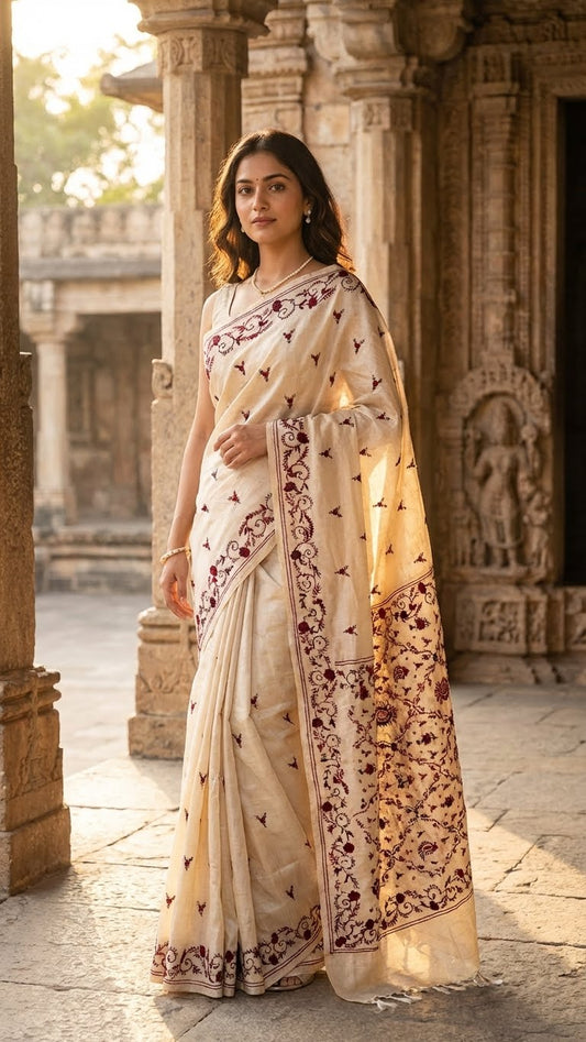 Woman in a handcrafted kantha stitched saree in cream with floral embroidery in maroon and red standing in front of an architectural structure.