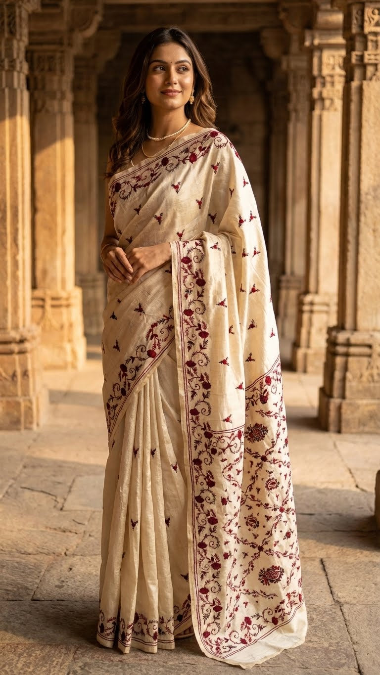 Woman wearing a handcrafted kantha stitched saree in cream with floral embroidery in maroon and red with floral patterns in an architectural setting.