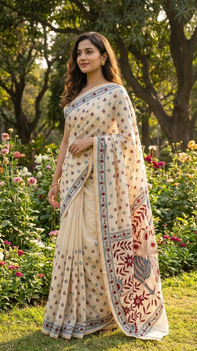 Woman in a handcrafted kantha stitched silk blend saree in cream with multicolor floral and bird embroidery in blue tones standing in a garden with flowers and trees.