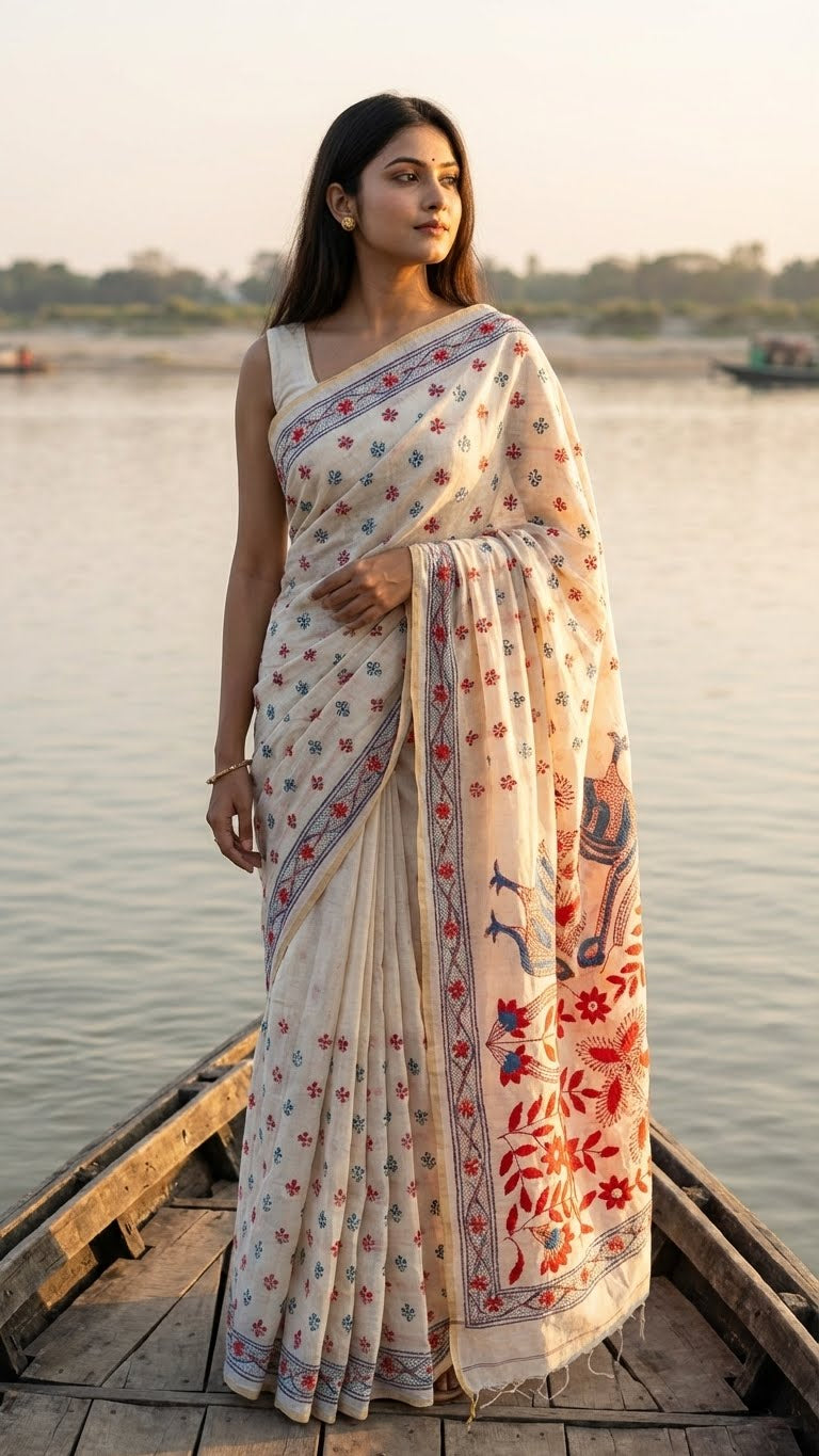 Woman in a handcrafted kantha stitched silk blend saree in cream with multicolor floral and bird embroidery standing on a boat by a river.