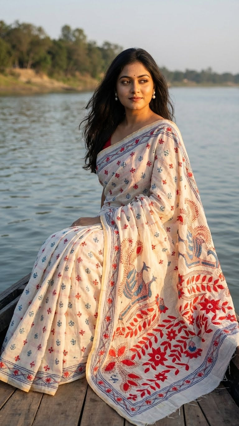 Woman in a handcrafted kantha stitched silk blend saree in cream with multicolor floral and bird embroidery sitting by a body of water.