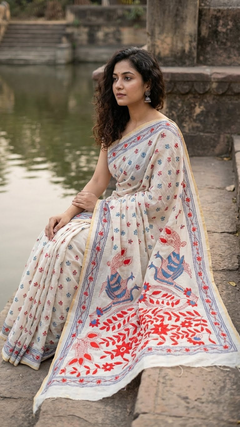 Woman in a handcrafted kantha stitched silk blend saree in cream with multicolor floral and bird embroidery sitting by a body of water.