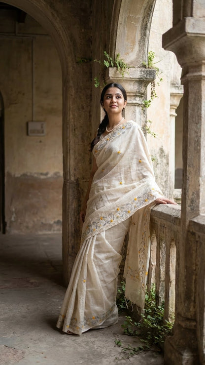 Woman in a handcrafted kantha stitched silk blend saree in cream with multicolor floral and geometric embroidery standing in an archway with stone walls and plants.