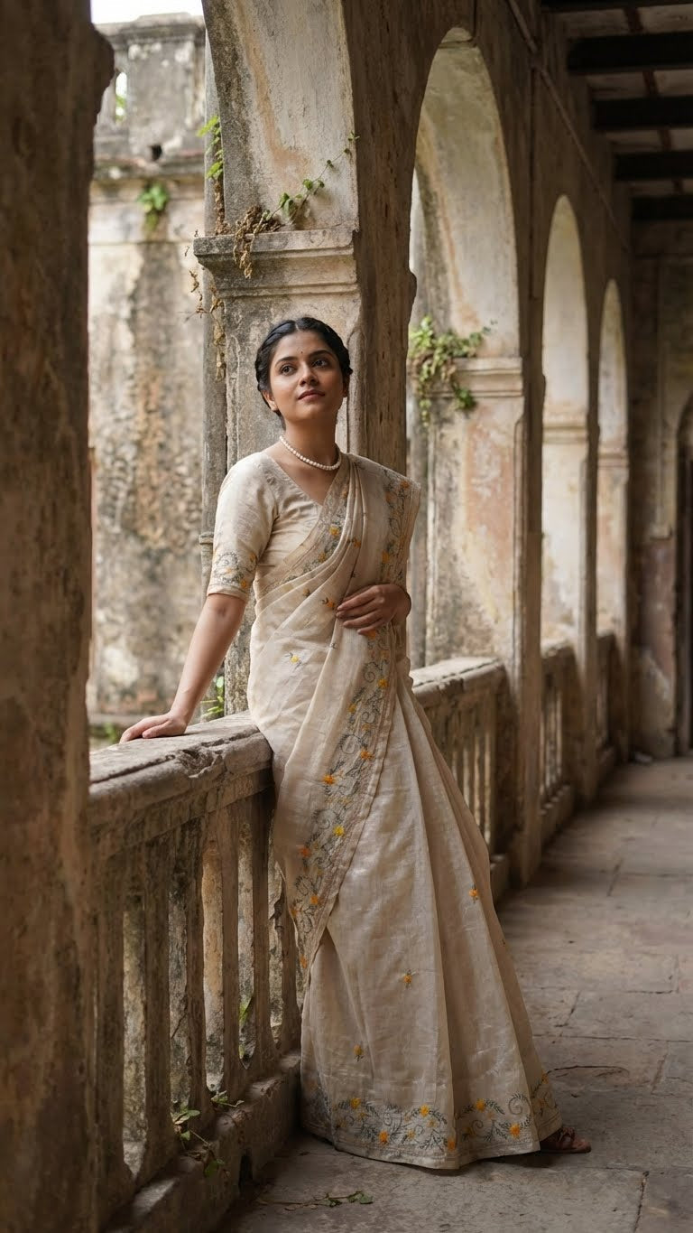 Woman in a handcrafted kantha stitched silk blend saree in cream with multicolor floral and geometric embroidery standing in an architectural setting with stone walls and arches.