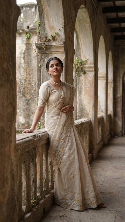 Woman in a handcrafted kantha stitched silk blend saree in cream with multicolor floral and geometric embroidery standing in an architectural setting with stone walls and arches.