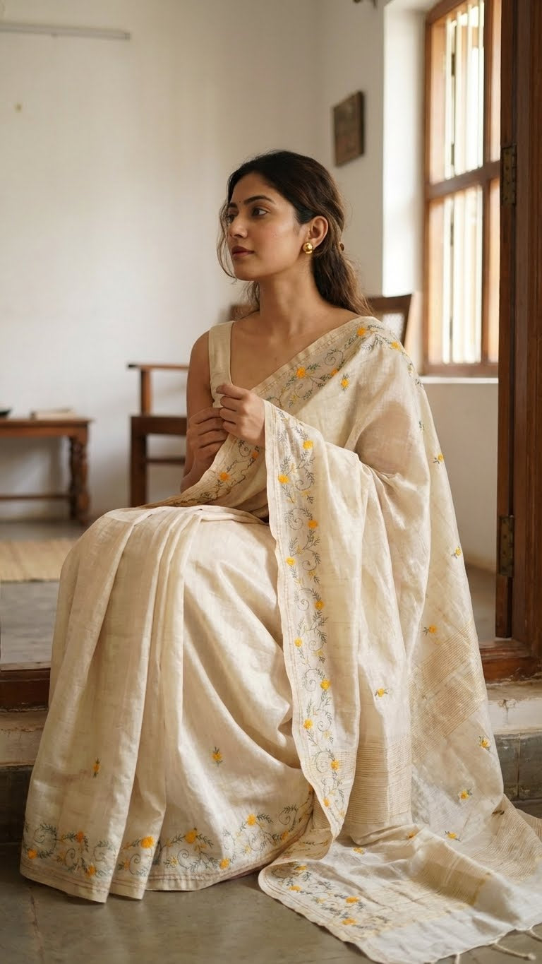 Woman in a handcrafted kantha stitched silk blend saree in cream with multicolor floral and geometric embroidery with floral patterns sitting indoors.