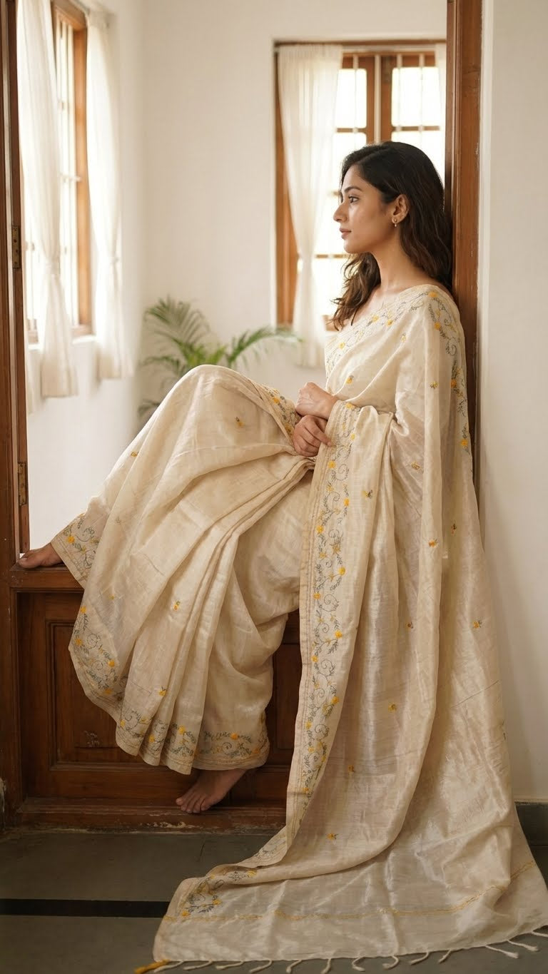 Woman in a handcrafted kantha stitched silk blend saree in cream with multicolor floral and geometric embroidery sitting by a window in a softly lit room.