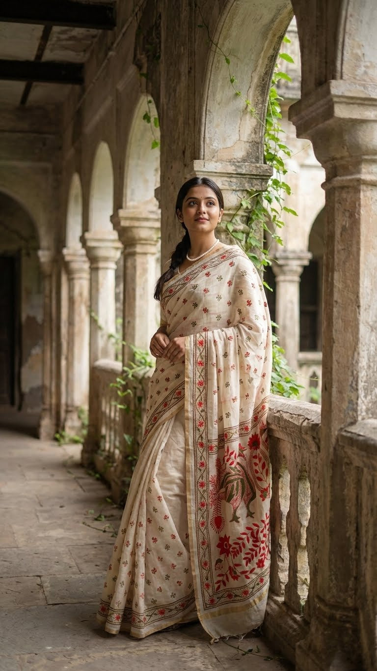 Woman in a handcrafted kantha stitched silk blend saree in cream with red and green floral embroidery standing in an old architectural setting with columns and plants.