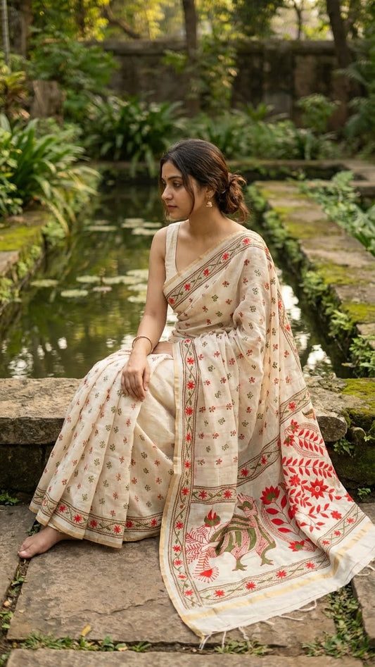 Woman in a handcrafted kantha stitched silk blend saree in cream with red and green floral embroidery sitting by a pond in a garden