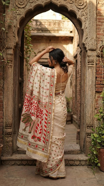 Woman in a handcrafted kantha stitched silk blend saree in cream with red and green floral embroidery standing in an archway with brick walls and plants.