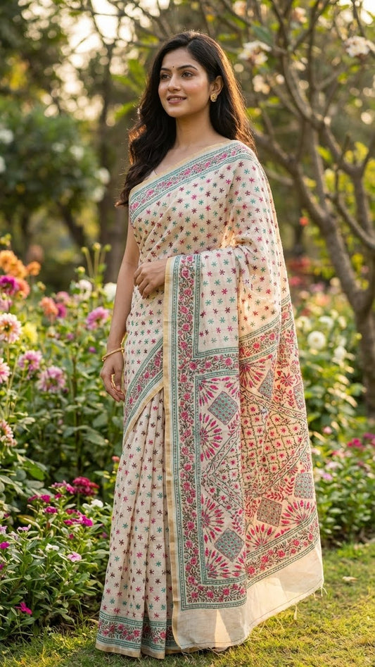 Woman in a handcrafted kantha stitched silk blend saree in cream with pink and sea green floral embroidery standing in a garden with flowers and trees.