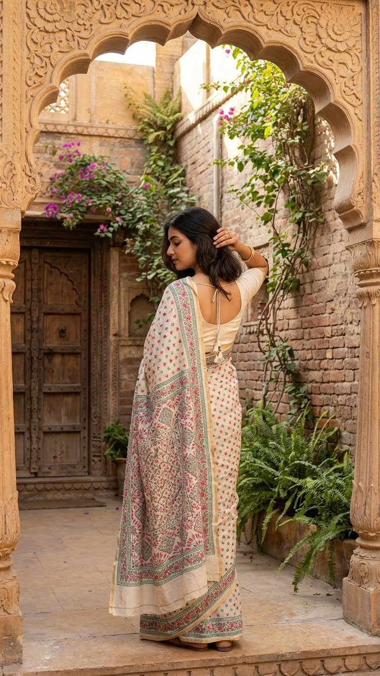 Woman in a handcrafted kantha stitched silk blend saree in cream with pink and sea green floral embroidery standing in an archway with decorative plants and architecture.