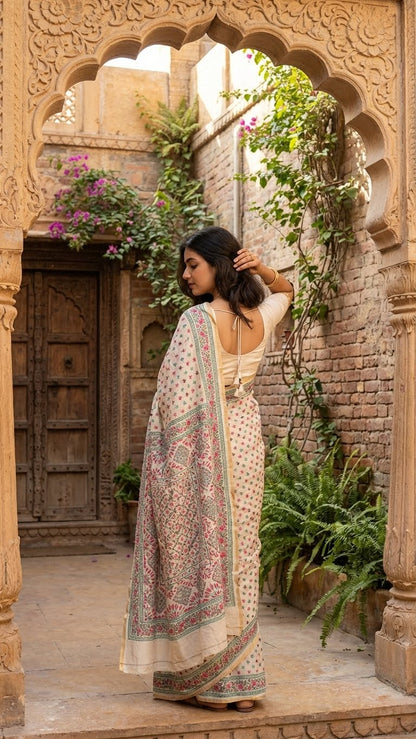 Woman in a handcrafted kantha stitched silk blend saree in cream with pink and sea green floral embroidery standing in an archway with decorative plants and architecture.