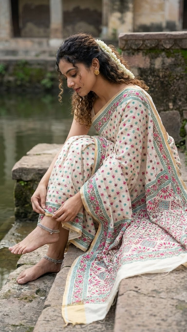 Woman in a handcrafted kantha stitched silk blend saree in cream with pink and sea green floral embroidery sitting by a pond with stone steps.