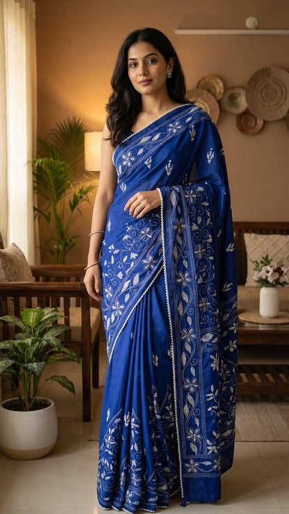Woman wearing a handcrafted kantha-stitched blended silk saree – deep blue with white floral embroidery with white patterns in a room with plants and decor.