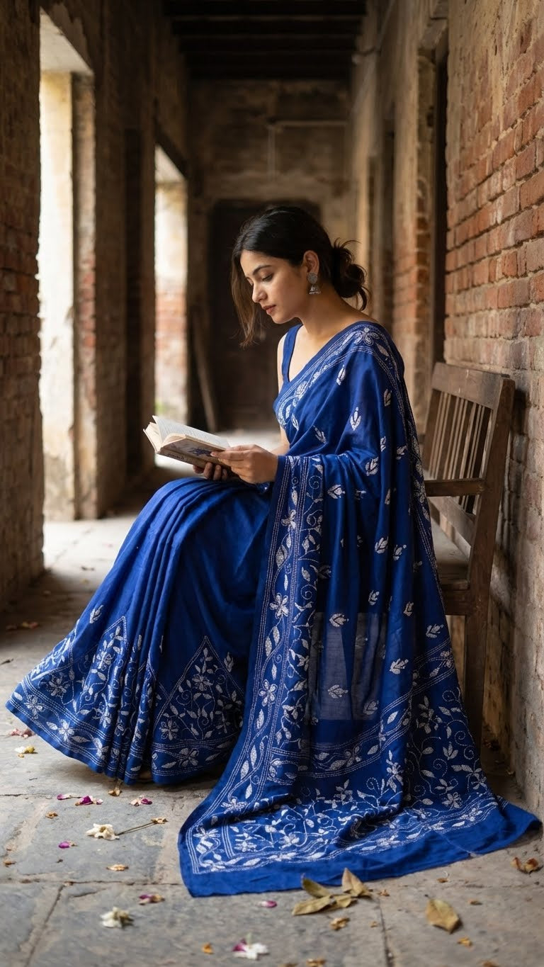 Woman in a handcrafted kantha-stitched blended silk saree – deep blue with white floral embroidery reading a book in an old building.