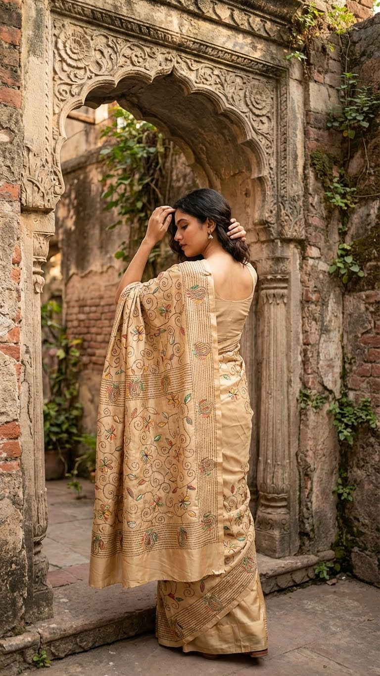 Woman in a handcrafted kantha-stitched blended silk saree – gold with multicolor floral & paisley embroidery standing in front of an ornate stone archway.
