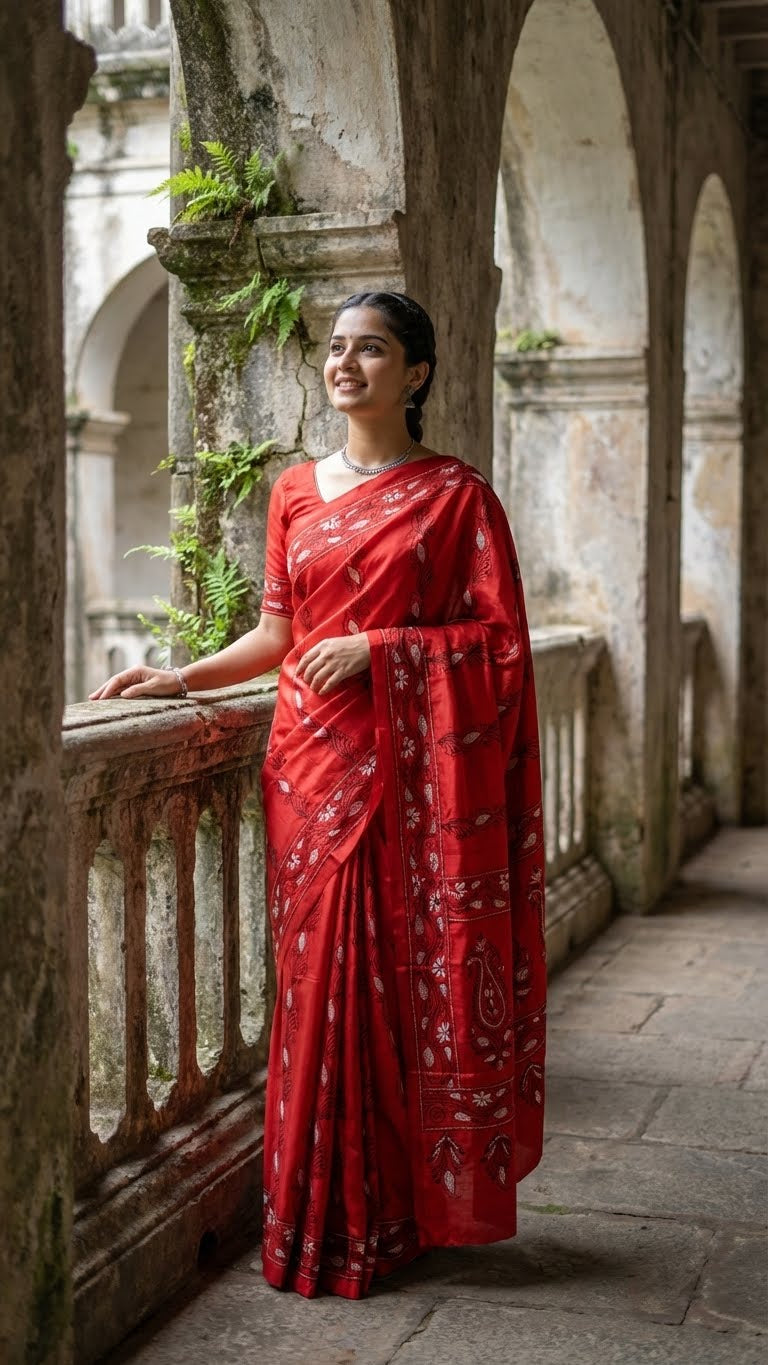 Woman in a kantha-stitched blended silk saree – red with white & black floral embroidery saree with white patterns standing in an architectural setting with stone arches and plants.