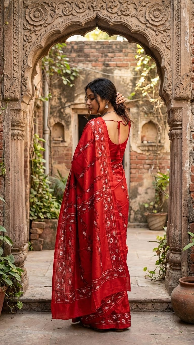 Woman in a kantha-stitched blended silk saree – red with white & black floral embroidery saree with white patterns standing in an archway with architectural background
