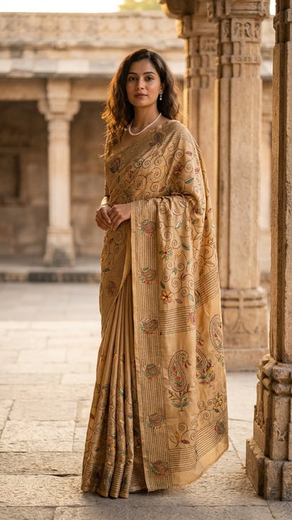 Woman in a handcrafted kantha-stitched cotton saree – gold with multicolor floral & paisley embroidery with intricate patterns standing in front of stone architecture.