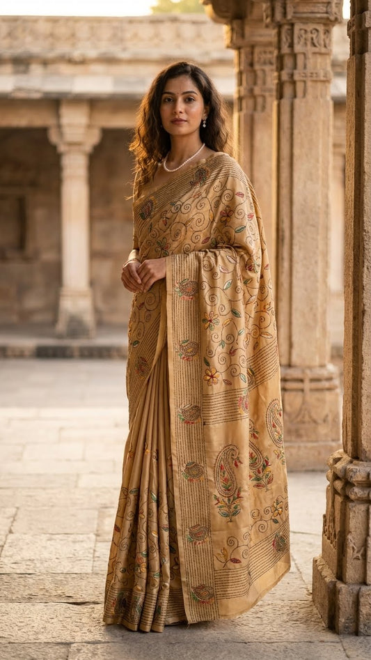 Woman in a handcrafted kantha-stitched cotton saree – gold with multicolor floral & paisley embroidery with intricate patterns standing in front of stone architecture.