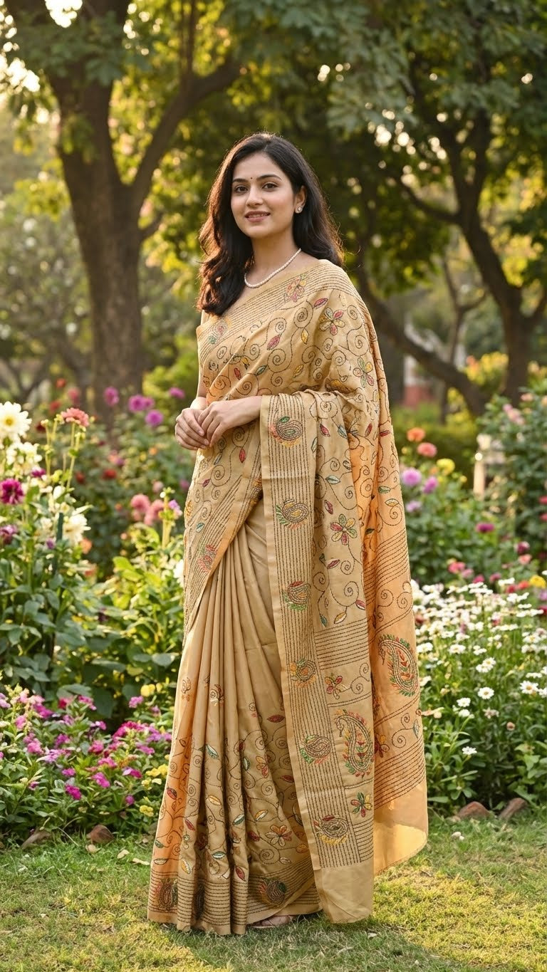 Woman in a handcrafted kantha-stitched cotton saree – gold with multicolor floral & paisley embroidery standing in a garden with flowers and trees.