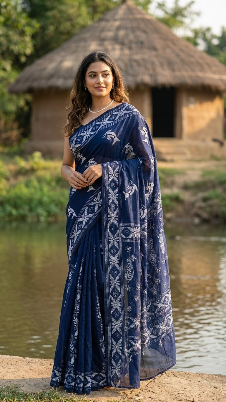 Woman in a handcrafted kantha-stitched cotton saree – indigo blue with white bird & floral motifs with white patterns standing by a body of water with a traditional hut in the background.
