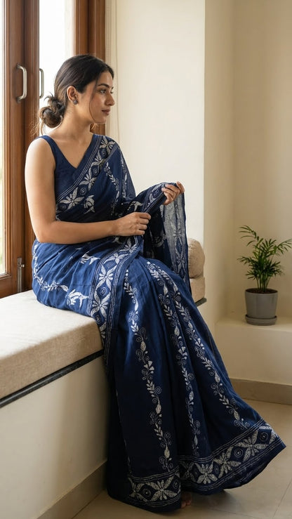 Woman in a handcrafted kantha-stitched cotton saree – indigo blue with white bird & floral motifs with white patterns sitting on a window sill indoors.