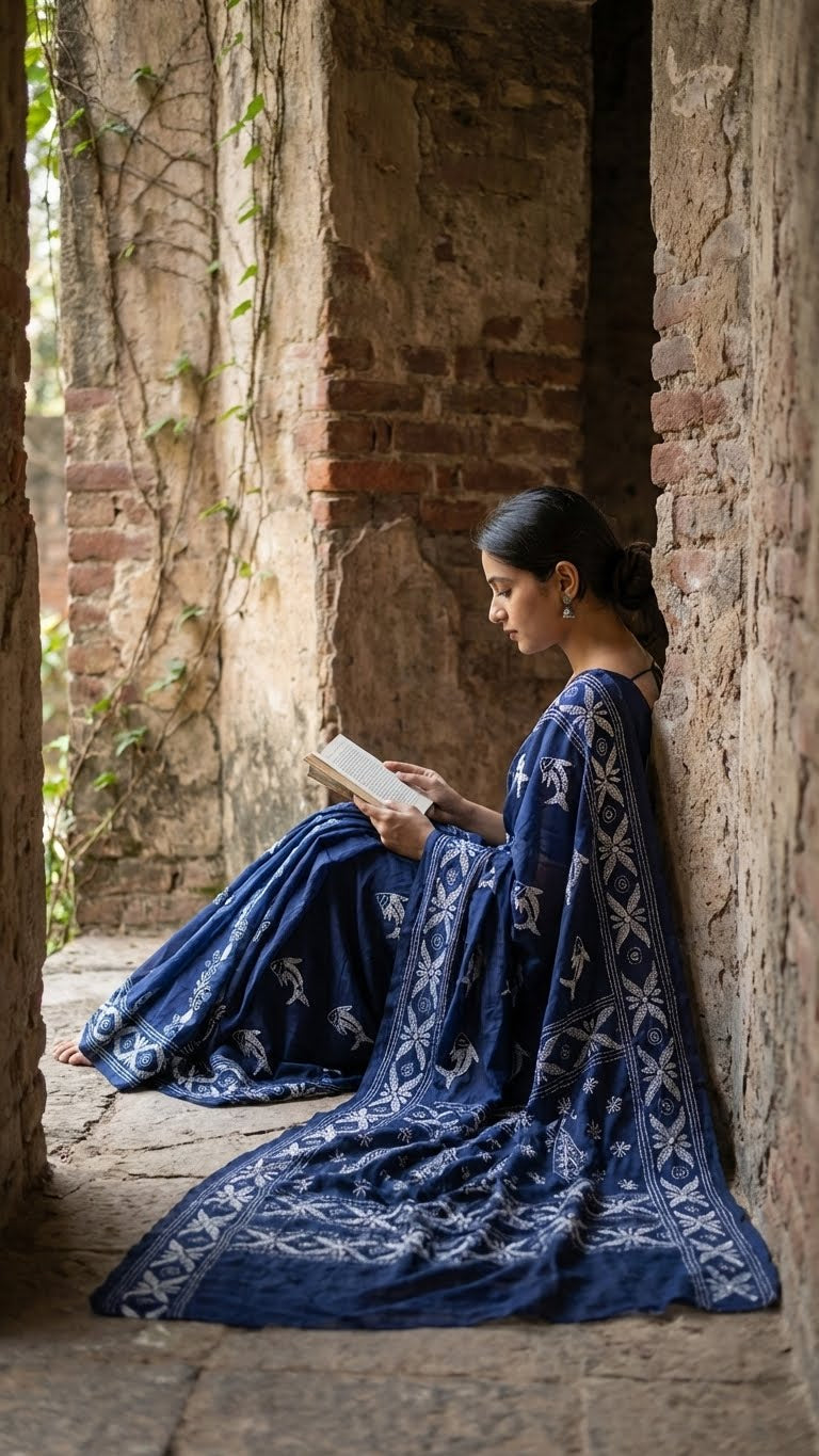 Woman in a handcrafted kantha-stitched cotton saree – indigo blue with white bird & floral motifs with white patterns reading a book in a rustic setting.