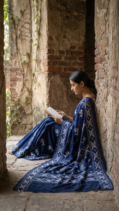 Woman in a handcrafted kantha-stitched cotton saree – indigo blue with white bird & floral motifs with white patterns reading a book in a rustic setting.