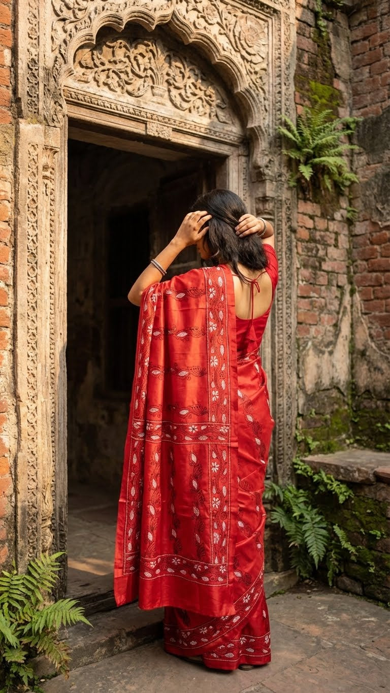 Woman in a handcrafted kantha-stitched cotton saree – red with white & black floral embroidery saree with white patterns standing in an ancient stone doorway with intricate carvings.