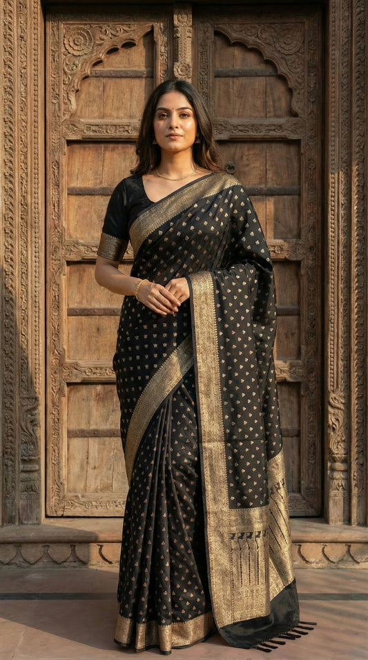 Woman in a Black blended silk saree with silver Khaddi Butti motifs and rich border, standing in front of a wooden door.