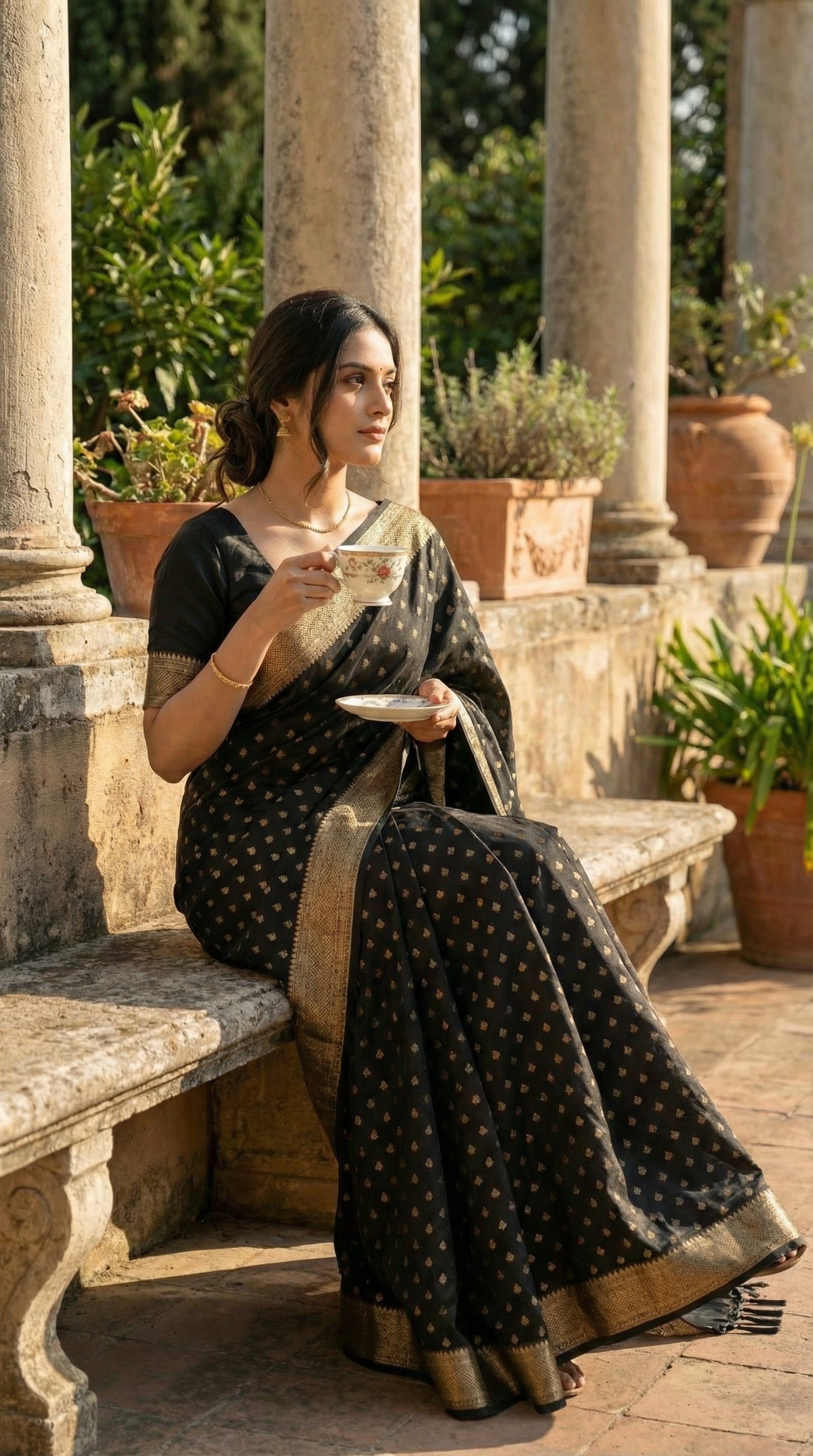 Woman in a Black blended silk saree with silver Khaddi Butti motifs and rich border, sitting outdoors with potted plants and columns in the background,