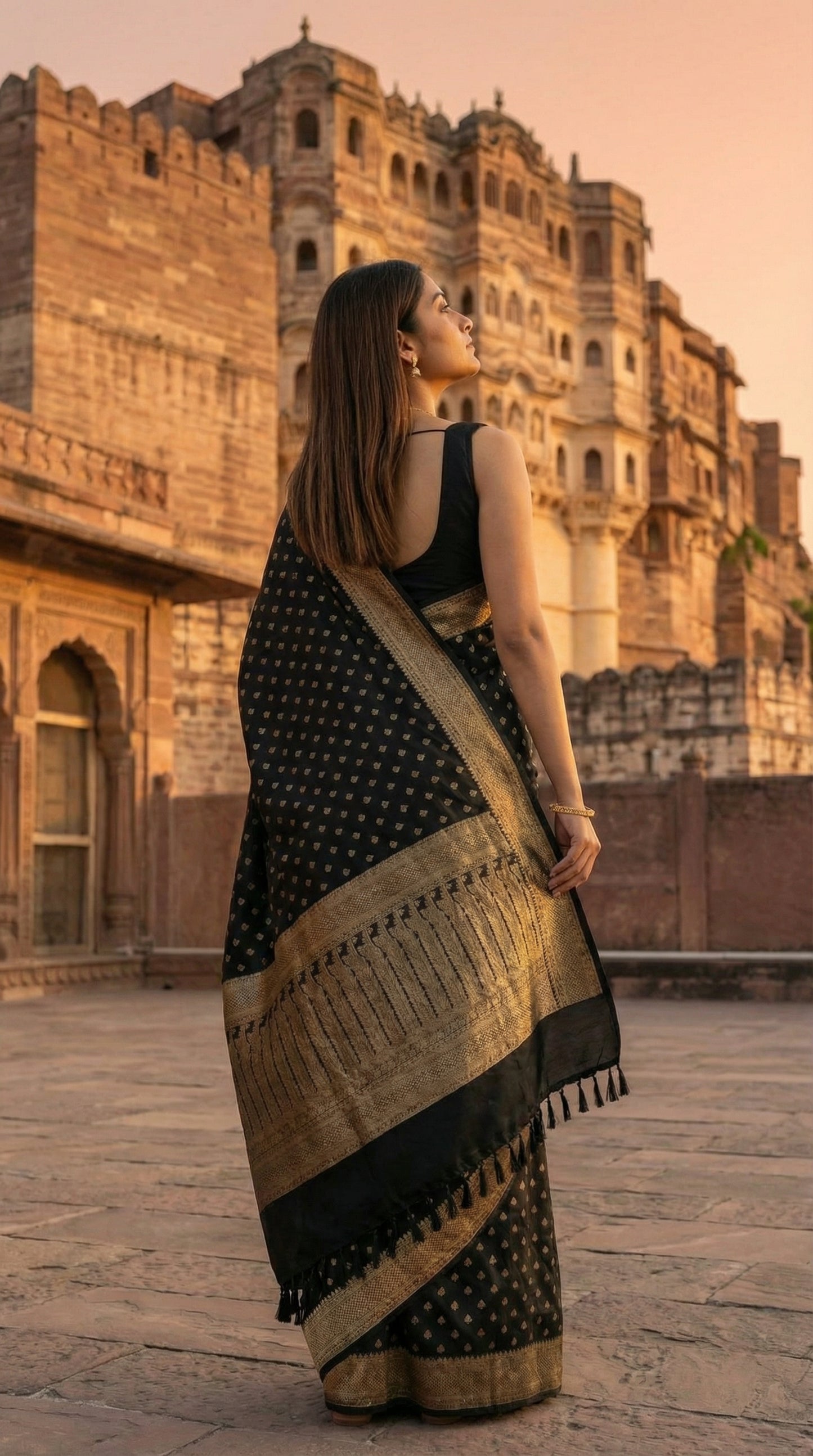 Woman in a Black blended silk saree with silver Khaddi Butti motifs and rich border, standing in front of an old fort at sunset.