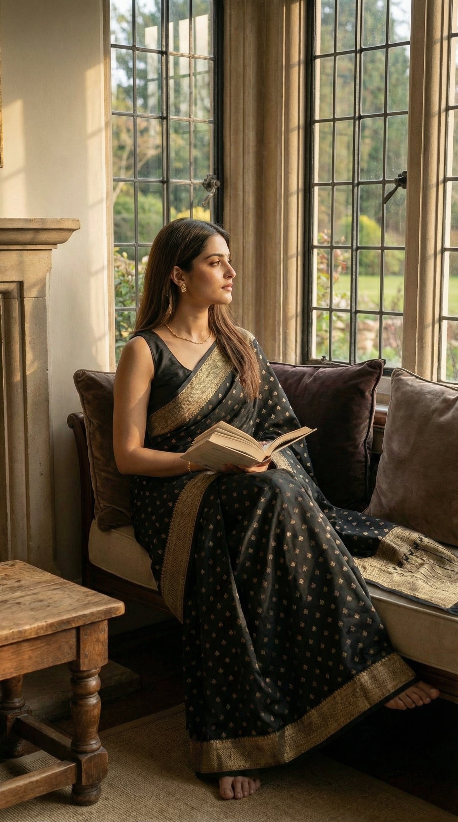 Woman in a Black blended silk saree with silver Khaddi Butti motifs and rich border, reading a book in a cozy room with large windows.