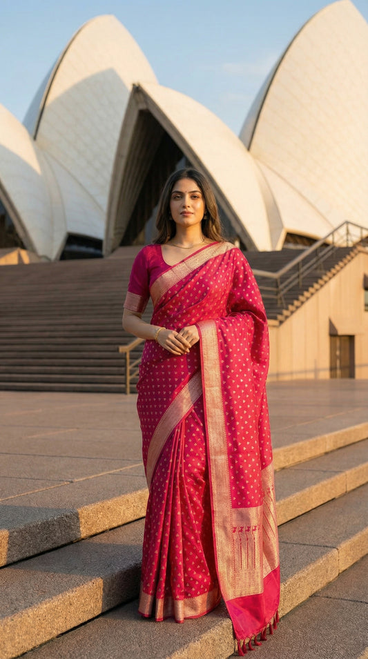 Woman in a Magenta blended silk saree with silver Khaddi Butti motifs and rich border,  standing in front of the Sydney Opera House.