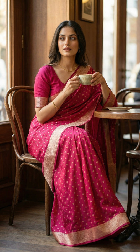 Woman in a Magenta blended silk saree with silver Khaddi Butti motifs and rich border,  holding a cup in a cafe setting.