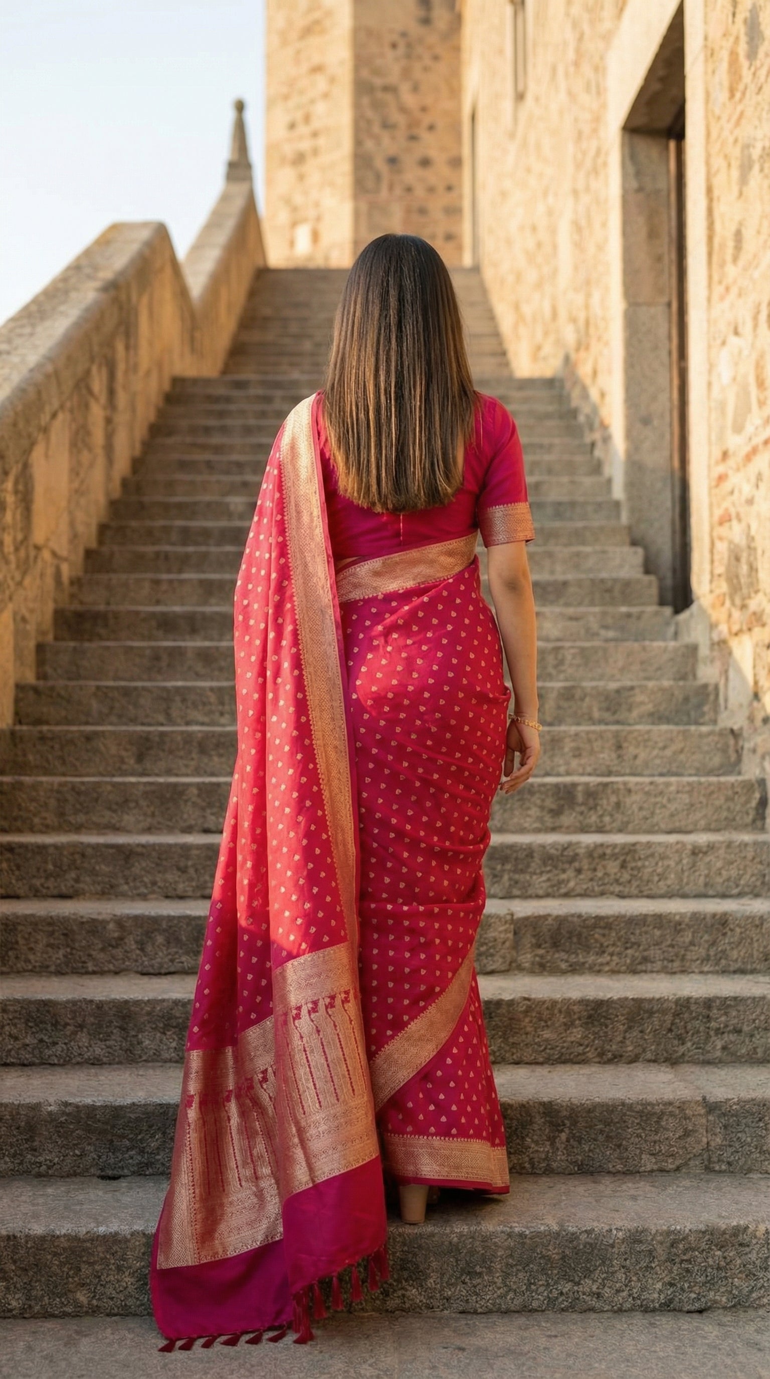 Woman in a Magenta blended silk saree with silver Khaddi Butti motifs and rich border,  walking up stone steps with a historical building in the background.