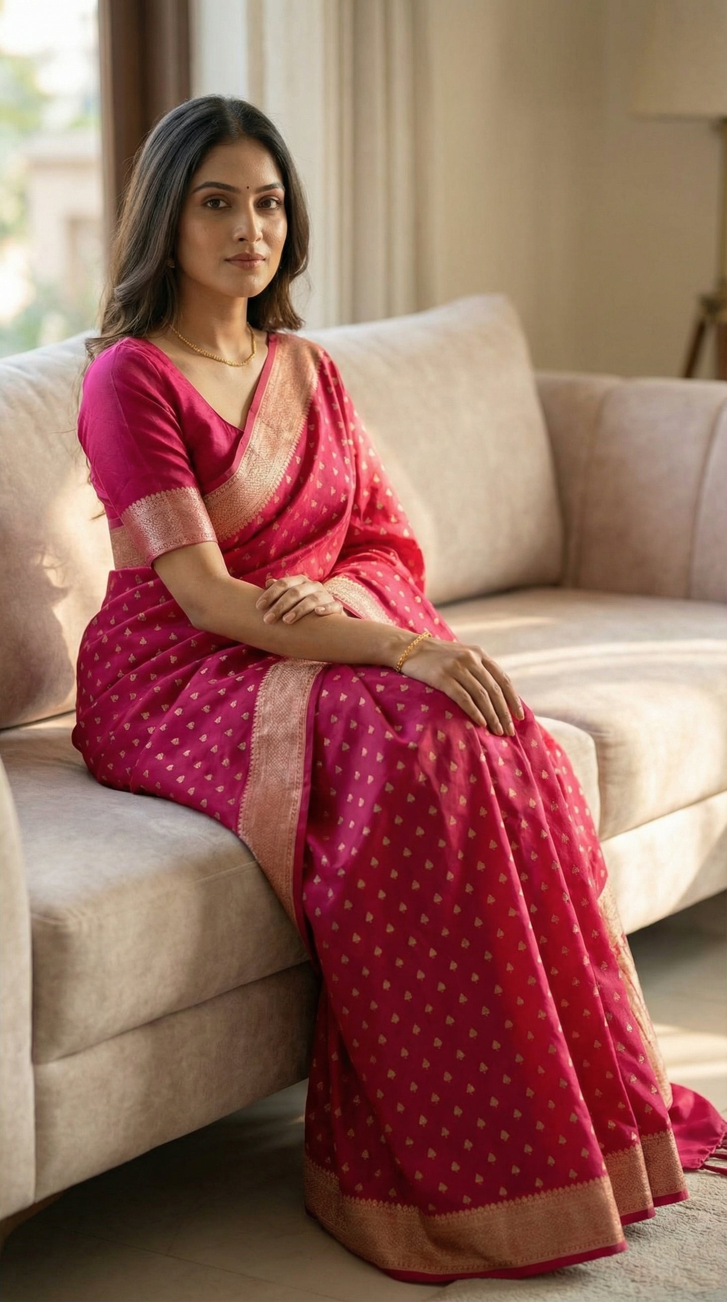 Woman in a Magenta blended silk saree with silver Khaddi Butti motifs and rich border,  sitting on a beige couch in a well-lit room.