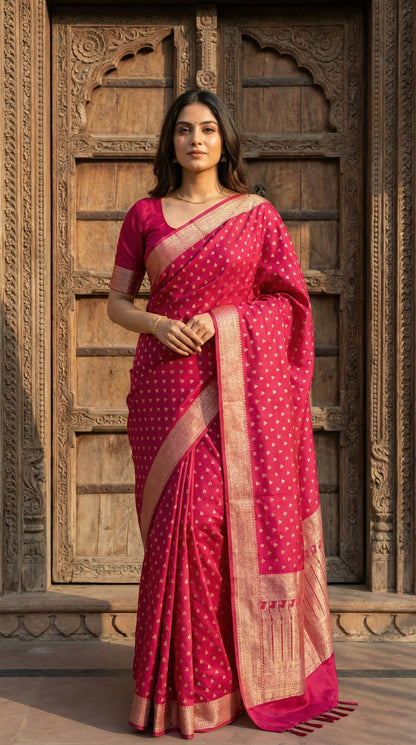 Woman in a Magenta blended silk saree with silver Khaddi Butti motifs and rich border,  standing in front of a wooden door.