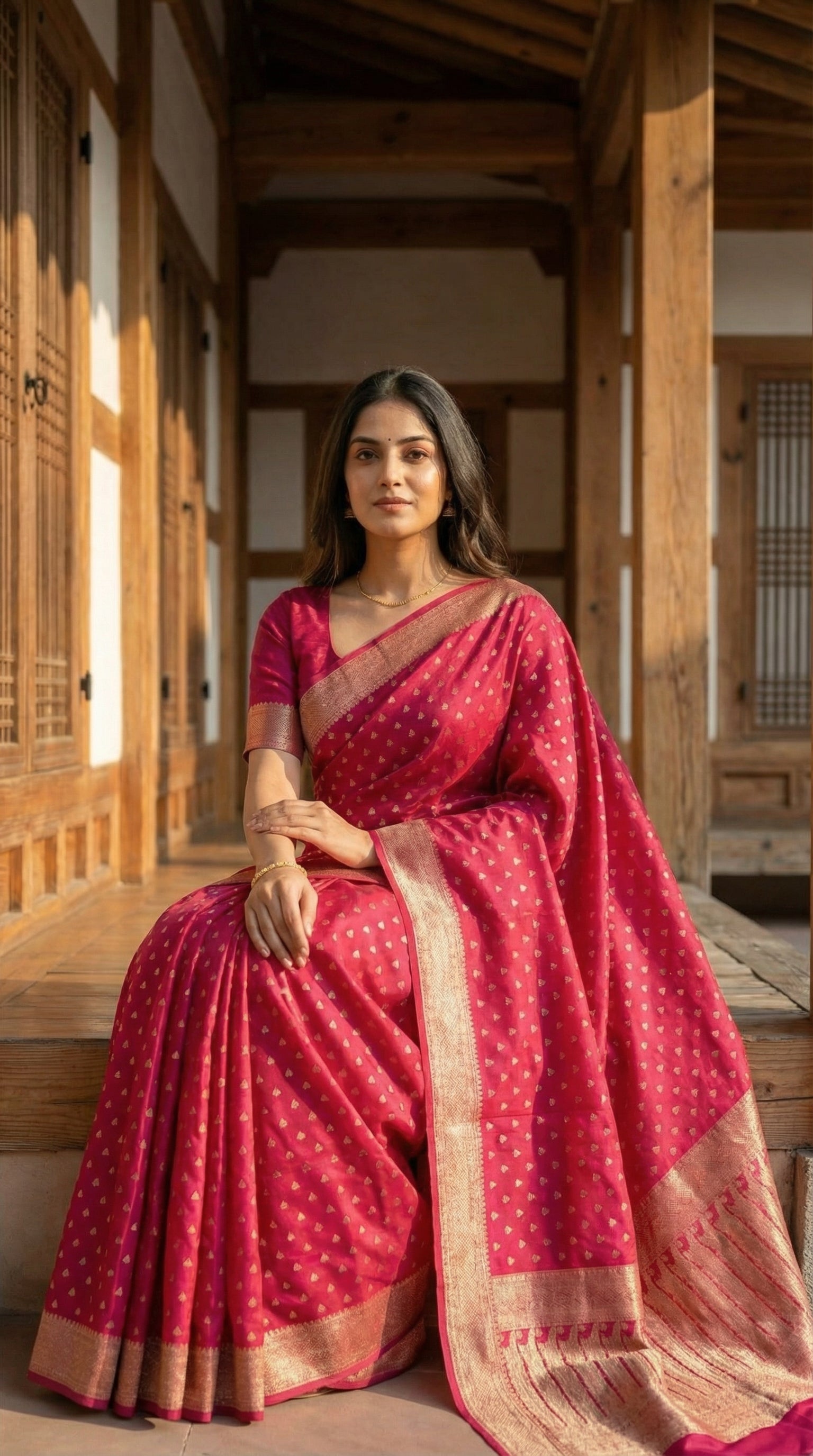 Woman in a Magenta blended silk saree with silver Khaddi Butti motifs and rich border, sitting in a traditional setting.