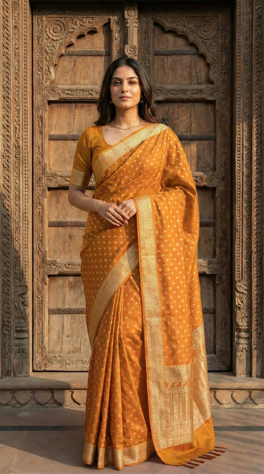 Woman in a Mustard yellow blended silk saree with silver Khaddi Butti motifs and rich border, with a wooden door in the background.