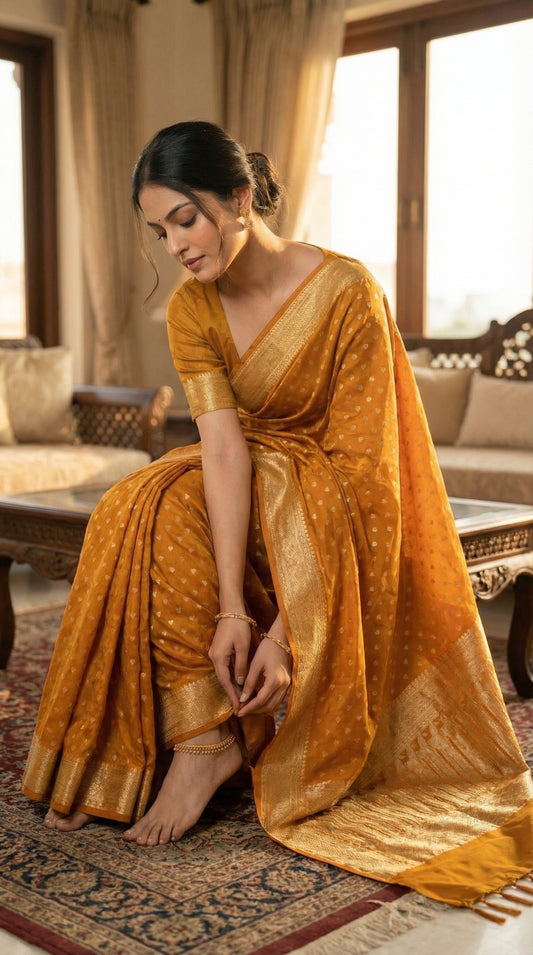 Woman in a Mustard yellow blended silk saree with silver Khaddi Butti motifs and rich border, sitting on a patterned rug in a room with curtains and furniture.
