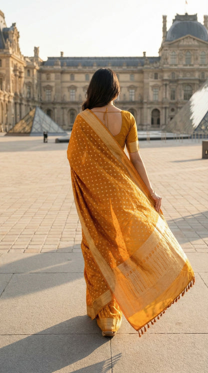 Woman in a Mustard yellow blended silk saree with silver Khaddi Butti motifs and rich border, standing in front of the Louvre Museum.