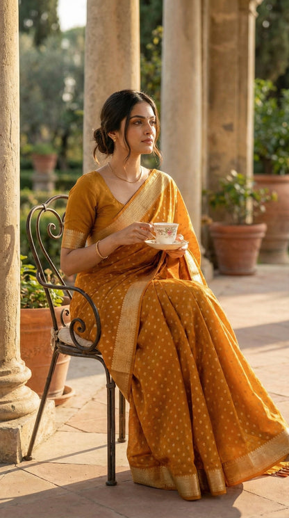 Woman in a Mustard yellow blended silk saree with silver Khaddi Butti motifs and rich border, sitting outdoors holding a cup.