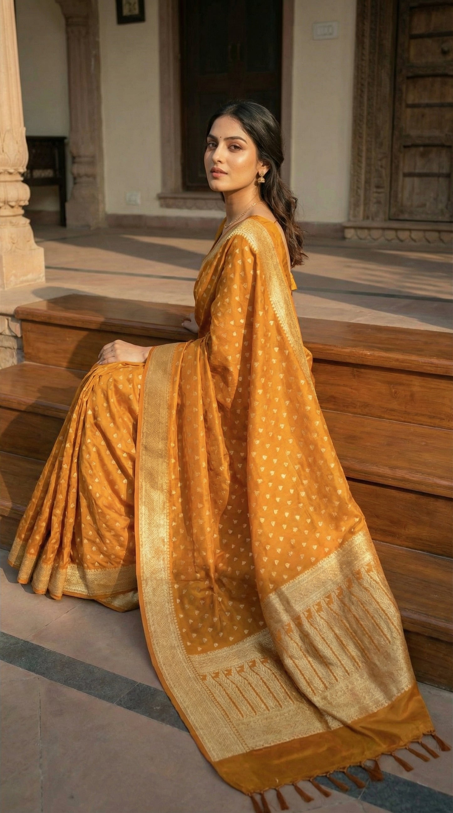 Woman in a Mustard yellow blended silk saree with silver Khaddi Butti motifs and rich border, sitting on steps outdoors.