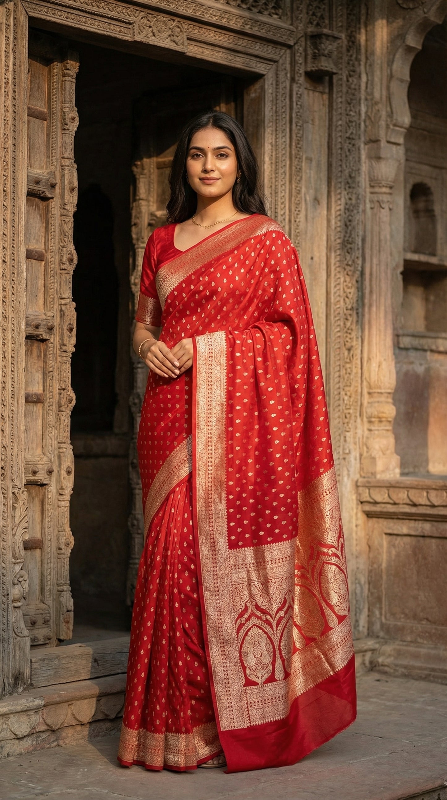 Black blended silk saree with silver Khaddi Butti motifs and rich border, displayed on mannequin. standing in front of an architectural structure.