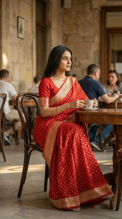 Black blended silk saree with silver Khaddi Butti motifs and rich border, displayed on mannequin. sitting at a table in a restaurant.