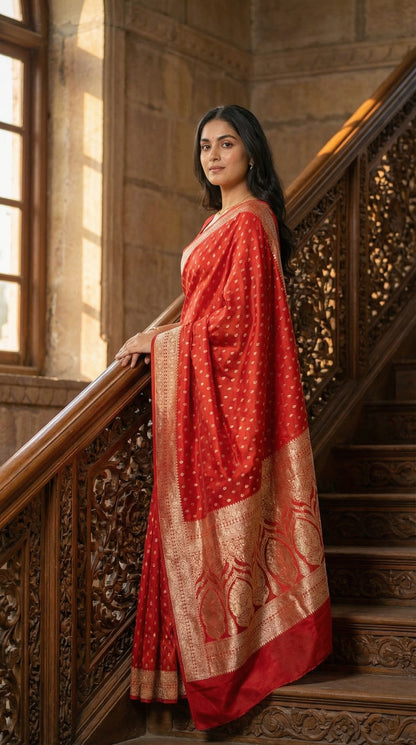 Black blended silk saree with silver Khaddi Butti motifs and rich border, displayed on mannequin. on a staircase with ornate railings.